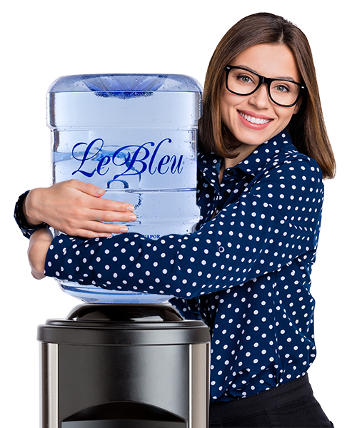 Woman hugging Le Bleu 5-gallon Jug